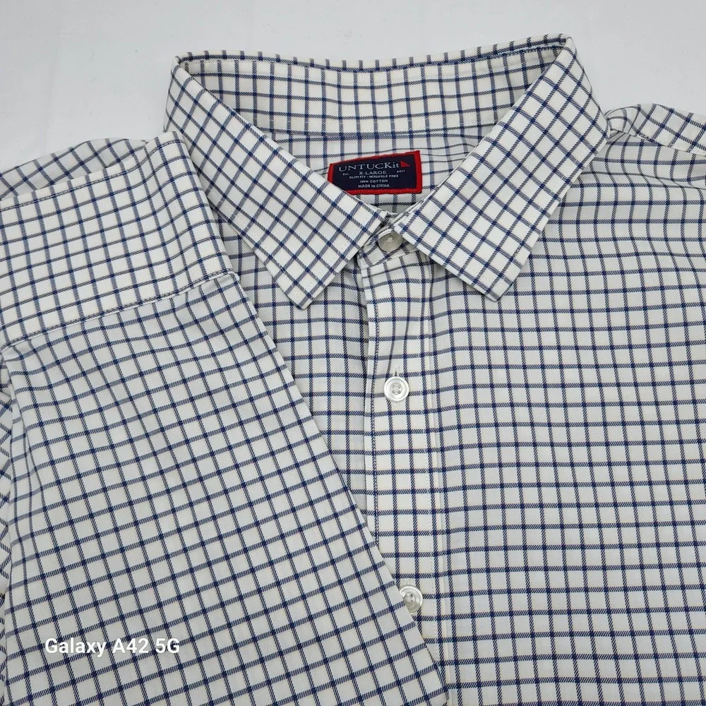 UNTUCKit Fenton-WF‎ Slim Fit Wrinkle Free Cotton Shirt Mens XL White Navy Check
